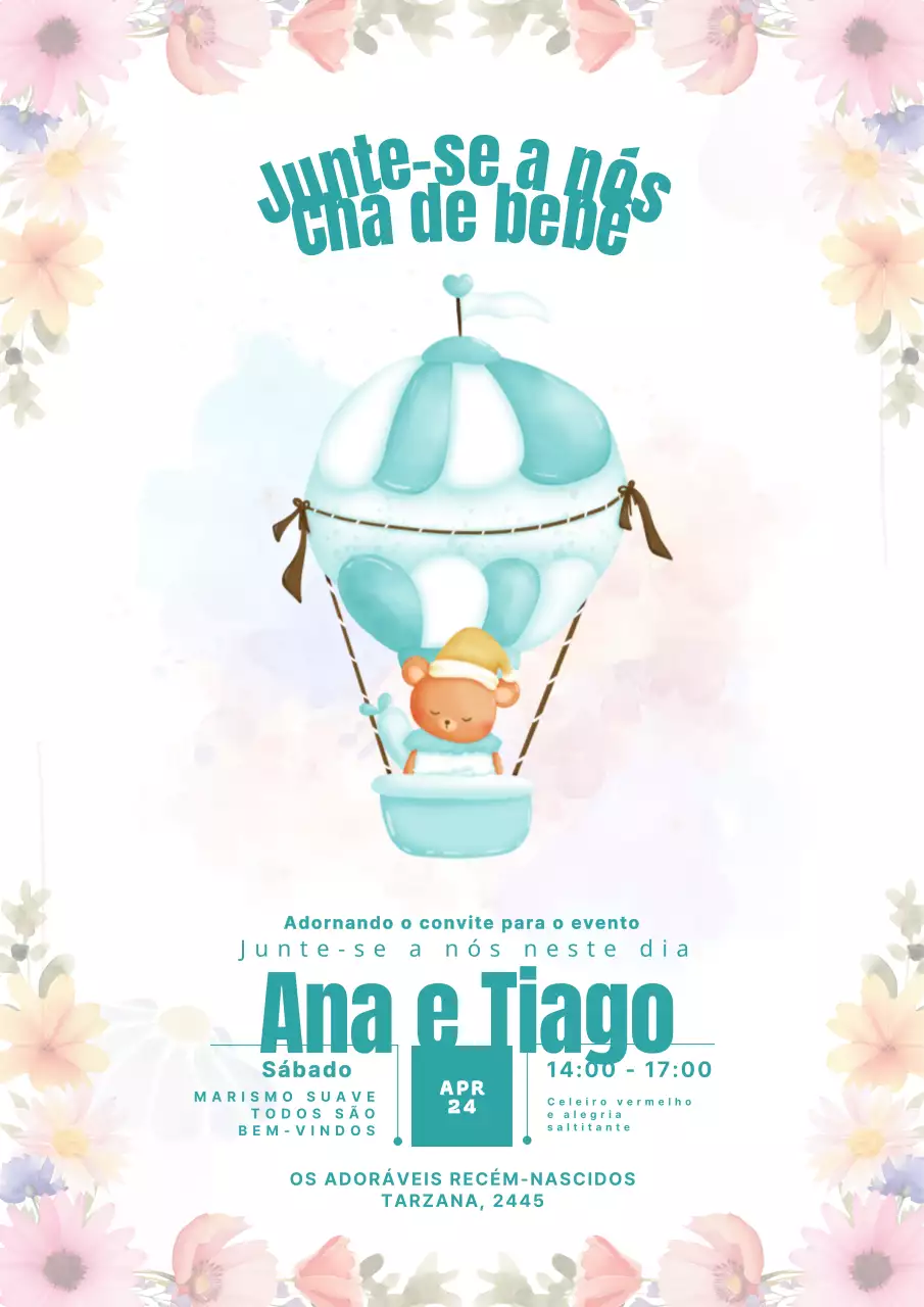  Convite de chá de bebé caprichoso em azul celeste e pêssego