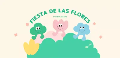 Un festival de flores de vivos colores con simpáticos personajes y flores, nubes y hierba
