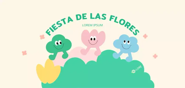 Un festival de flores de vivos colores con simpáticos personajes y flores, nubes y hierba