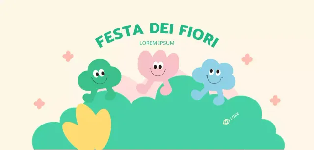 Un festival floreale dai colori vivaci con simpatici personaggi e fiori, nuvole ed erba.