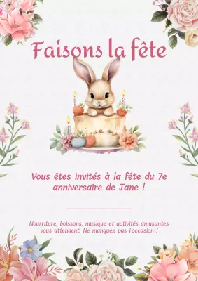 Invitation à une fête d'anniversaire pour enfants, rose et blanche, moderne