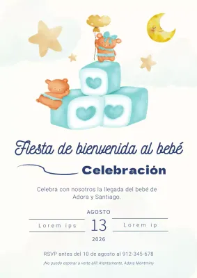 Invitación moderna para baby shower de niño en blanco y azul