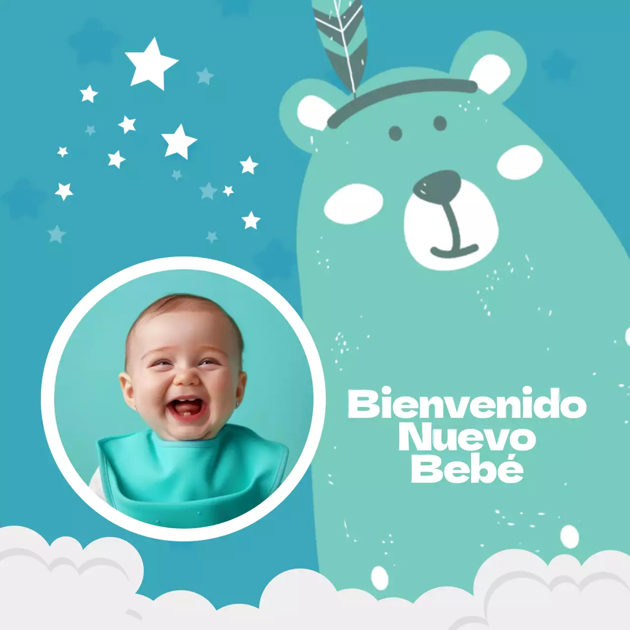 Anuncio de bienvenida a un bebé en blanco y azul