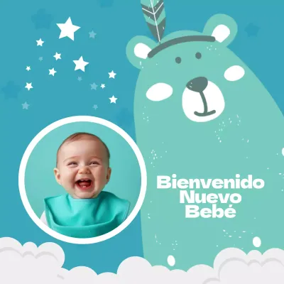 Anuncio de bienvenida a un bebé en blanco y azul
