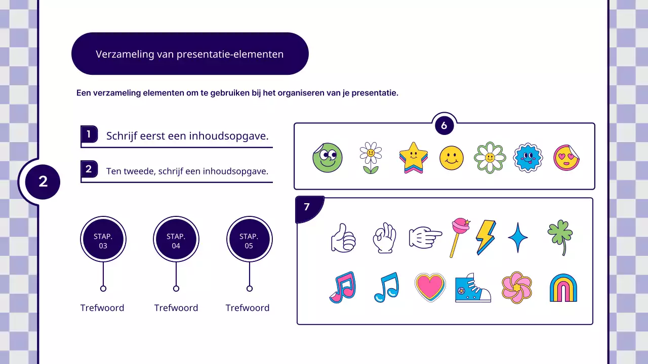 Prospectus met kitscherige paarse en gele stickers