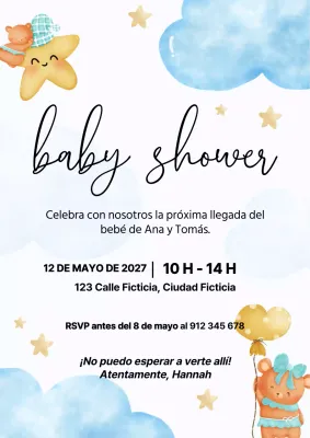 Invitación moderna azul y blanca para la celebración de un baby shower