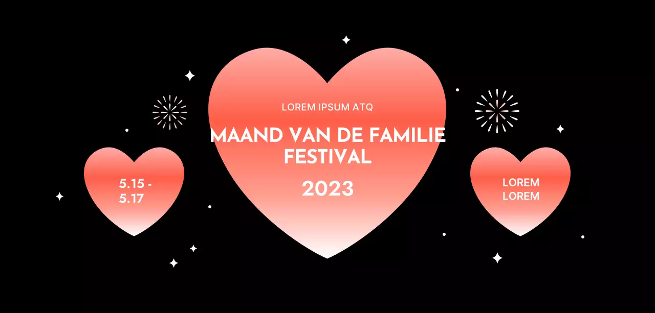 Festivalontwerp met verlopen harten op een zwarte achtergrond