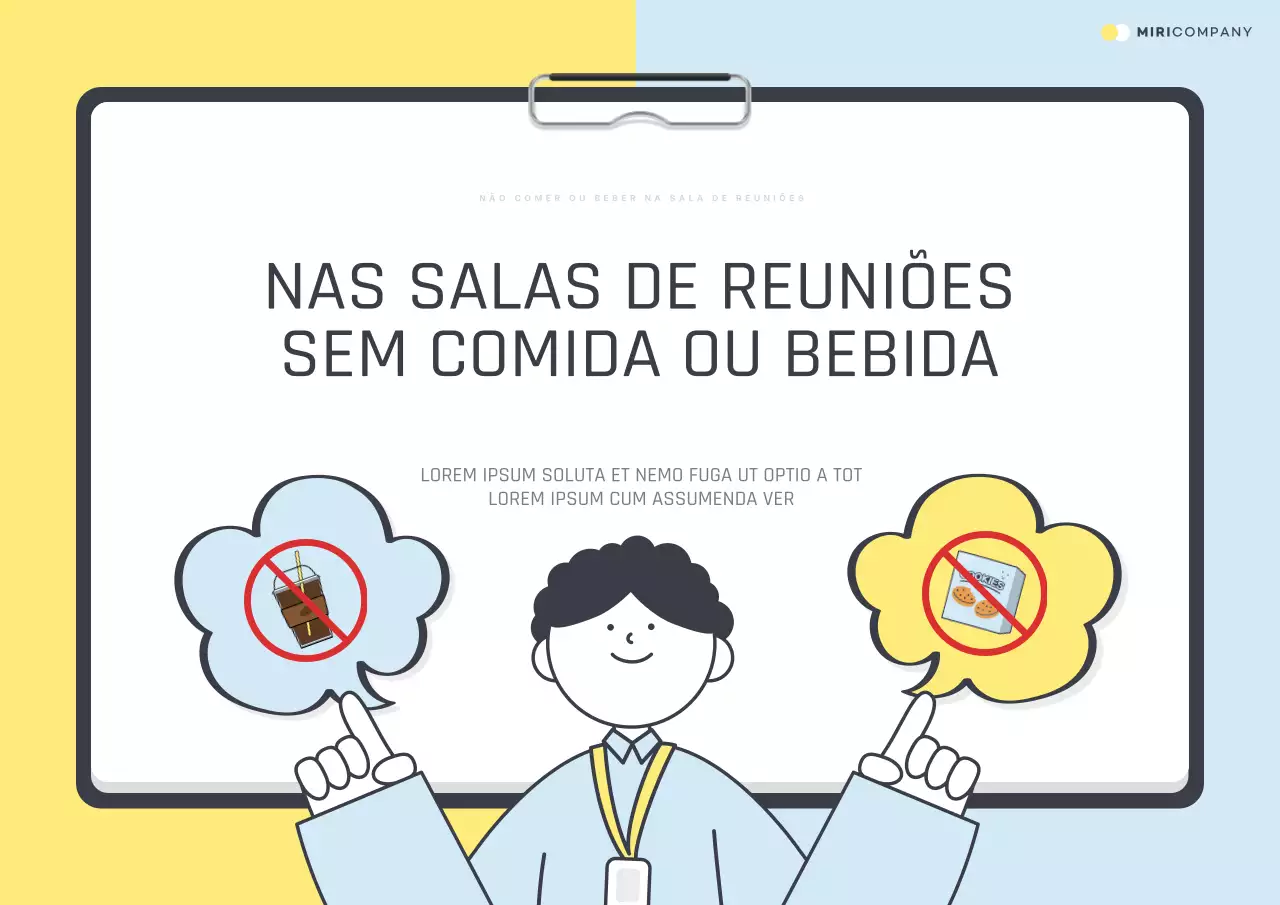 Aviso de comportamento proibido na bonita sala de reuniões amarela e azul clara