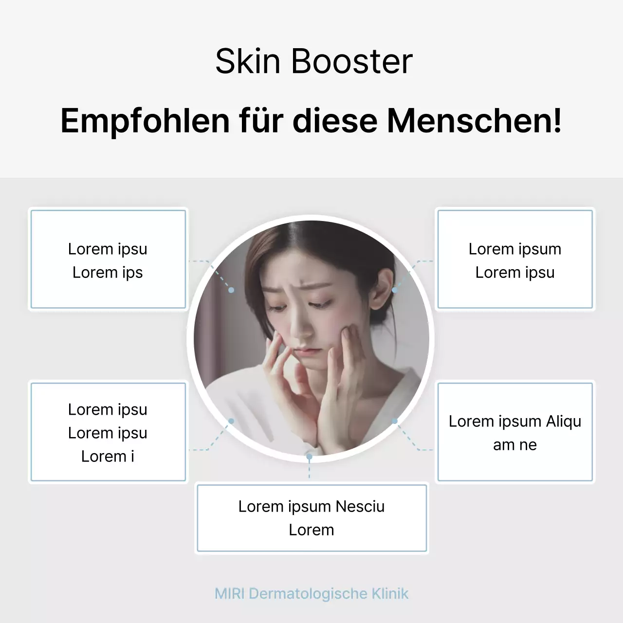 Social-Media-Kit für das Krankenhausmarketing zur Bewerbung einer einfachen dermatologischen Praxis in Weiß und Hellblau.