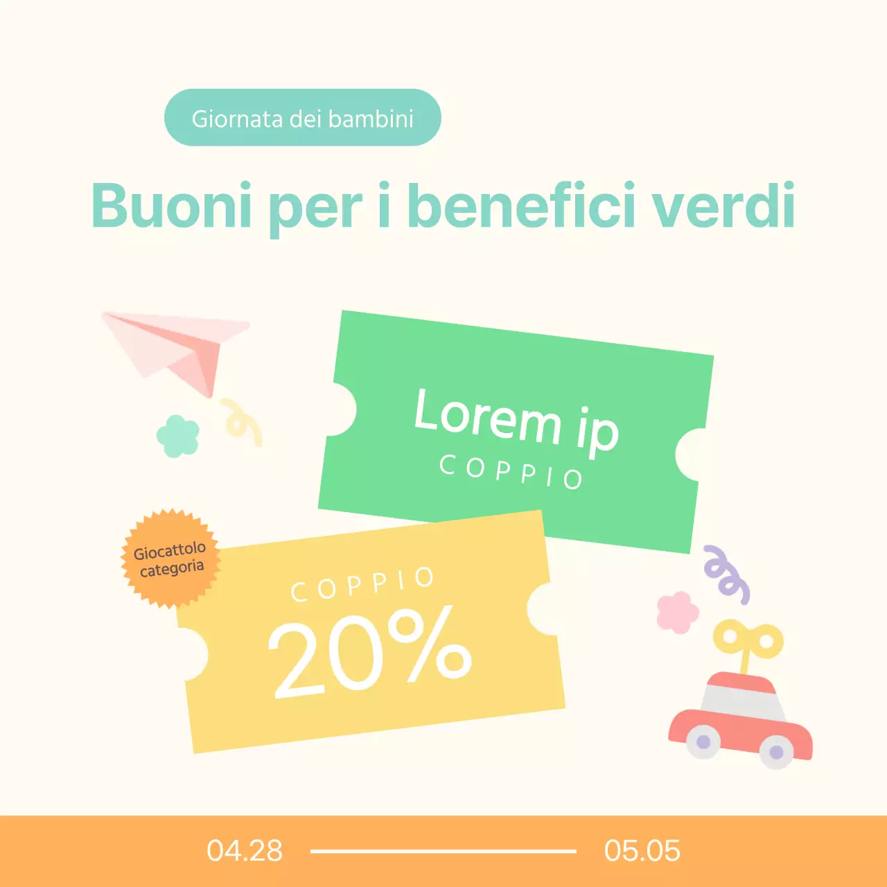 Promozione di un simpatico centro commerciale per la Giornata dei bambini in avorio e arancione