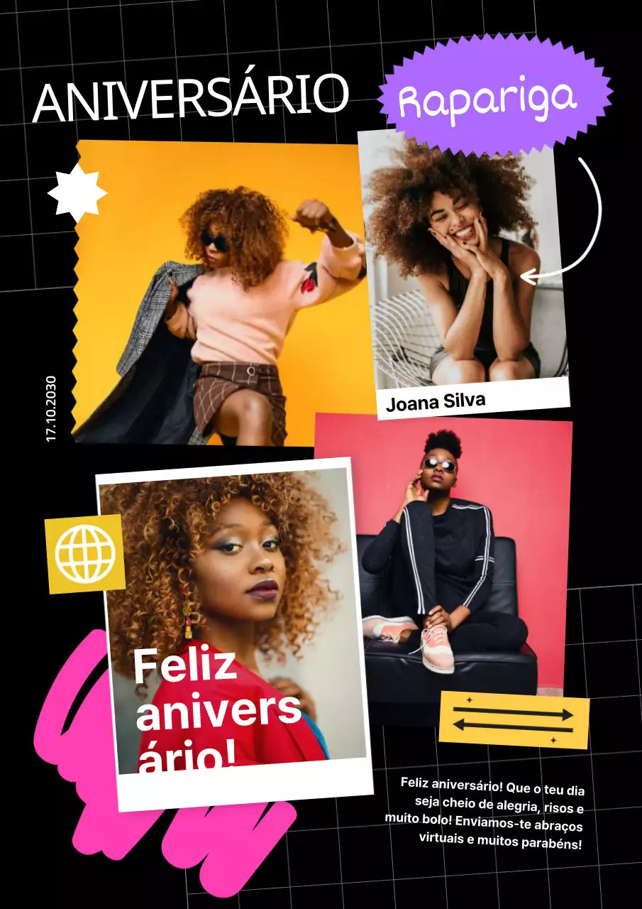 Colagem de fotografias de felicitações de aniversário modernas Amarelo Roxo Pop