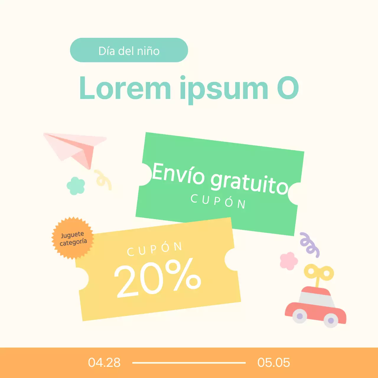 Promocione un bonito Día del Niño en el centro comercial en marfil y naranja