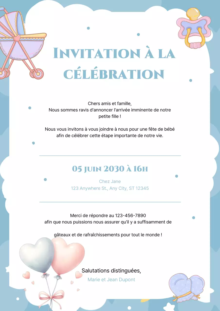 Invitation à la fête de bébé Animation bleu ciel