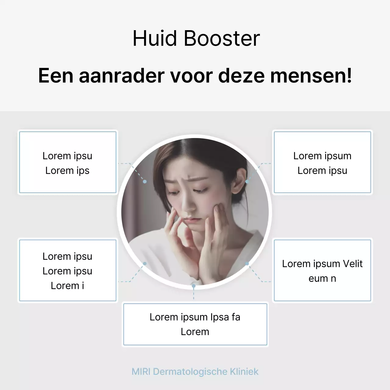 Social media kit voor ziekenhuismarketing om een eenvoudige dermatologiepraktijk te promoten in wit en lichtblauw.