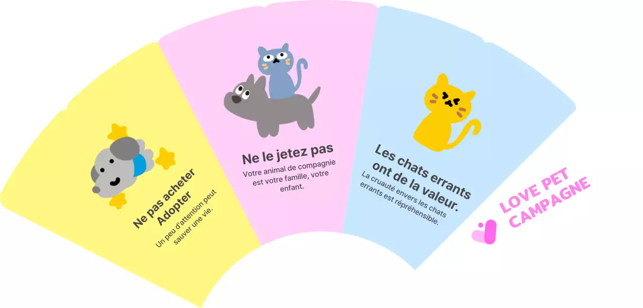 Campagne de défense des animaux de compagnie avec des illustrations d'animaux et beaucoup de couleurs