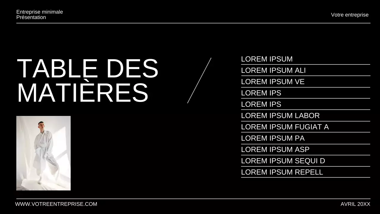 Présentation d'entreprise minimale en noir et blanc