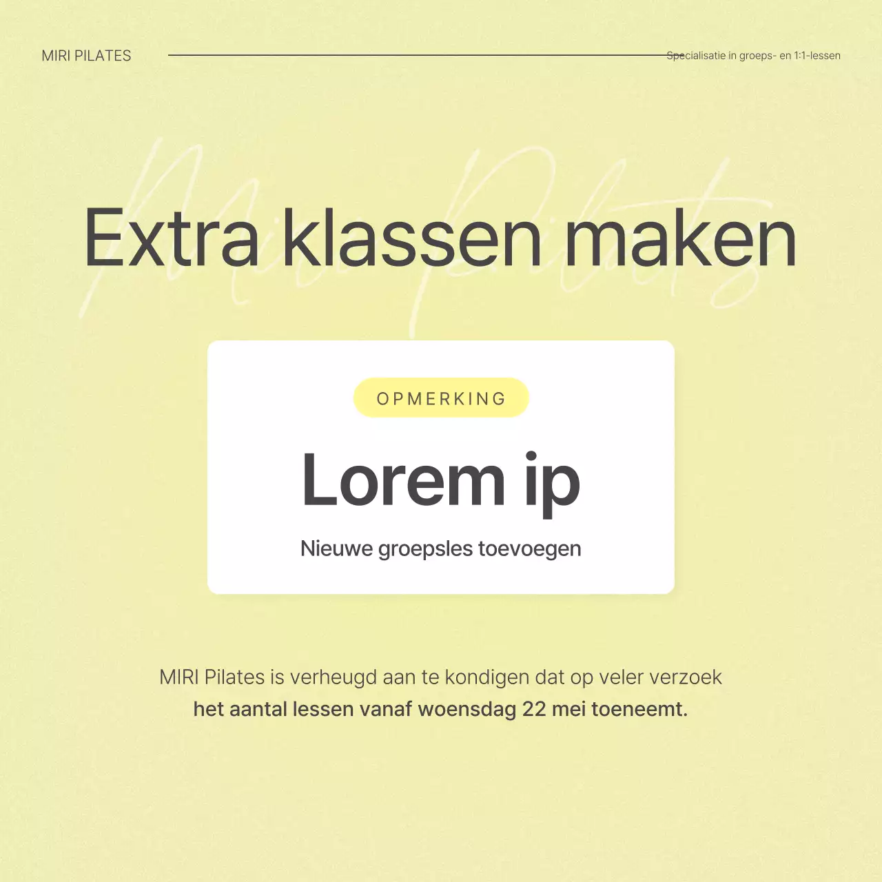 Modern Pilates in beige en geel social media marketing feed aankondiging