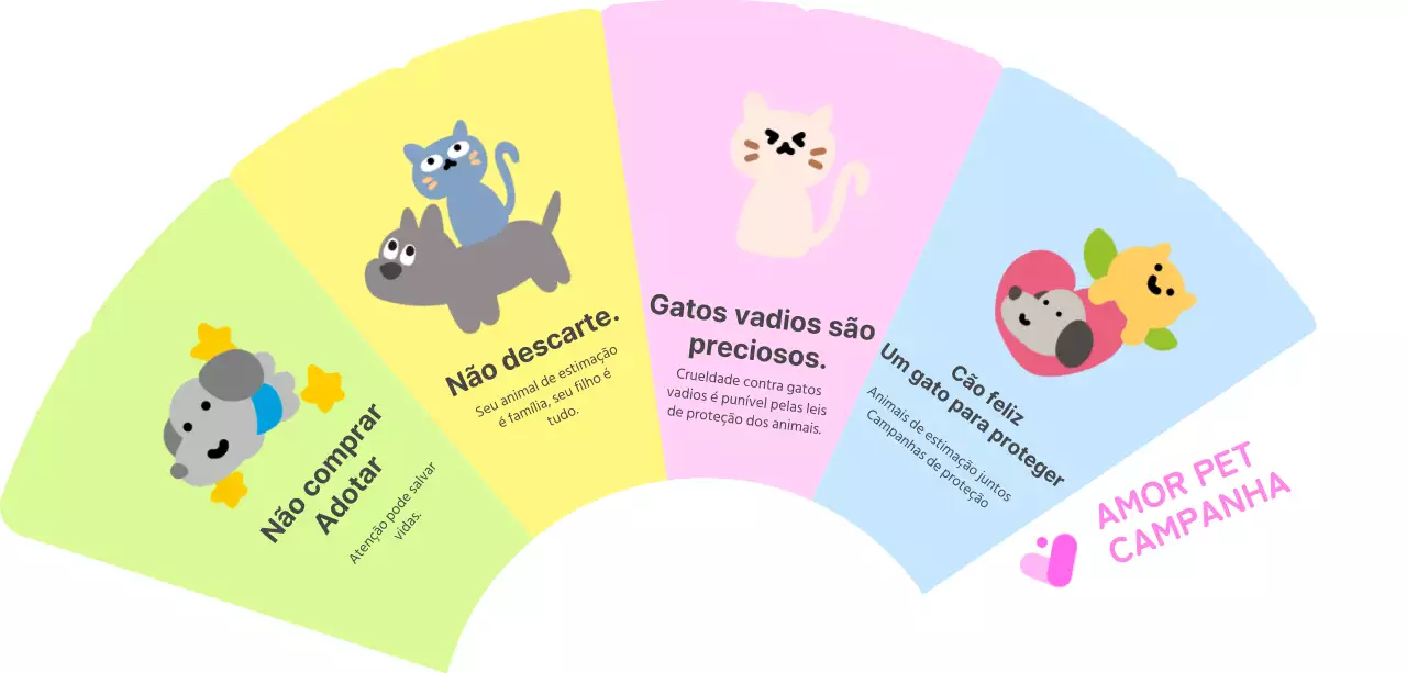 Campanha de defesa dos animais de estimação com ilustrações de animais e muita cor