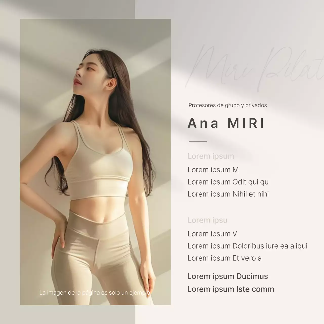 Marketing en redes sociales de Modern Pilates en beige y amarillo para promocionar la presentación de instructores