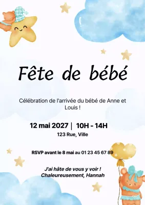 Invitation à la célébration d'une baby shower moderne en bleu et blanc