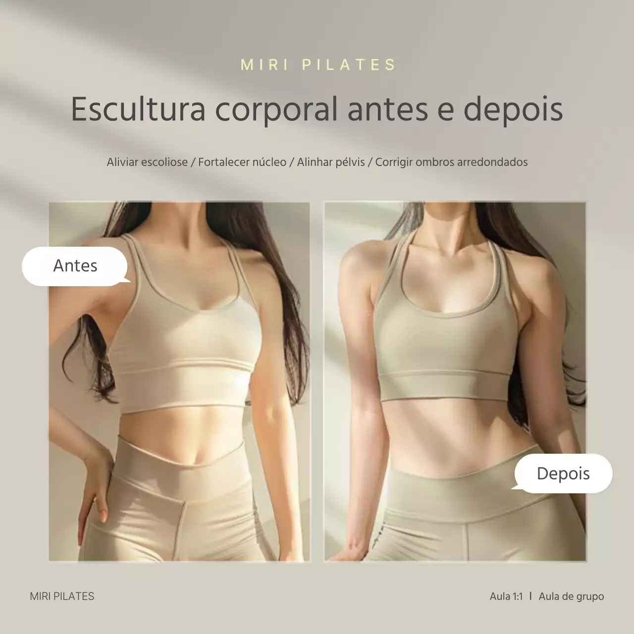 Modern Pilates em bege e amarelo marketing nas redes sociais para promover comentários e perguntas e respostas