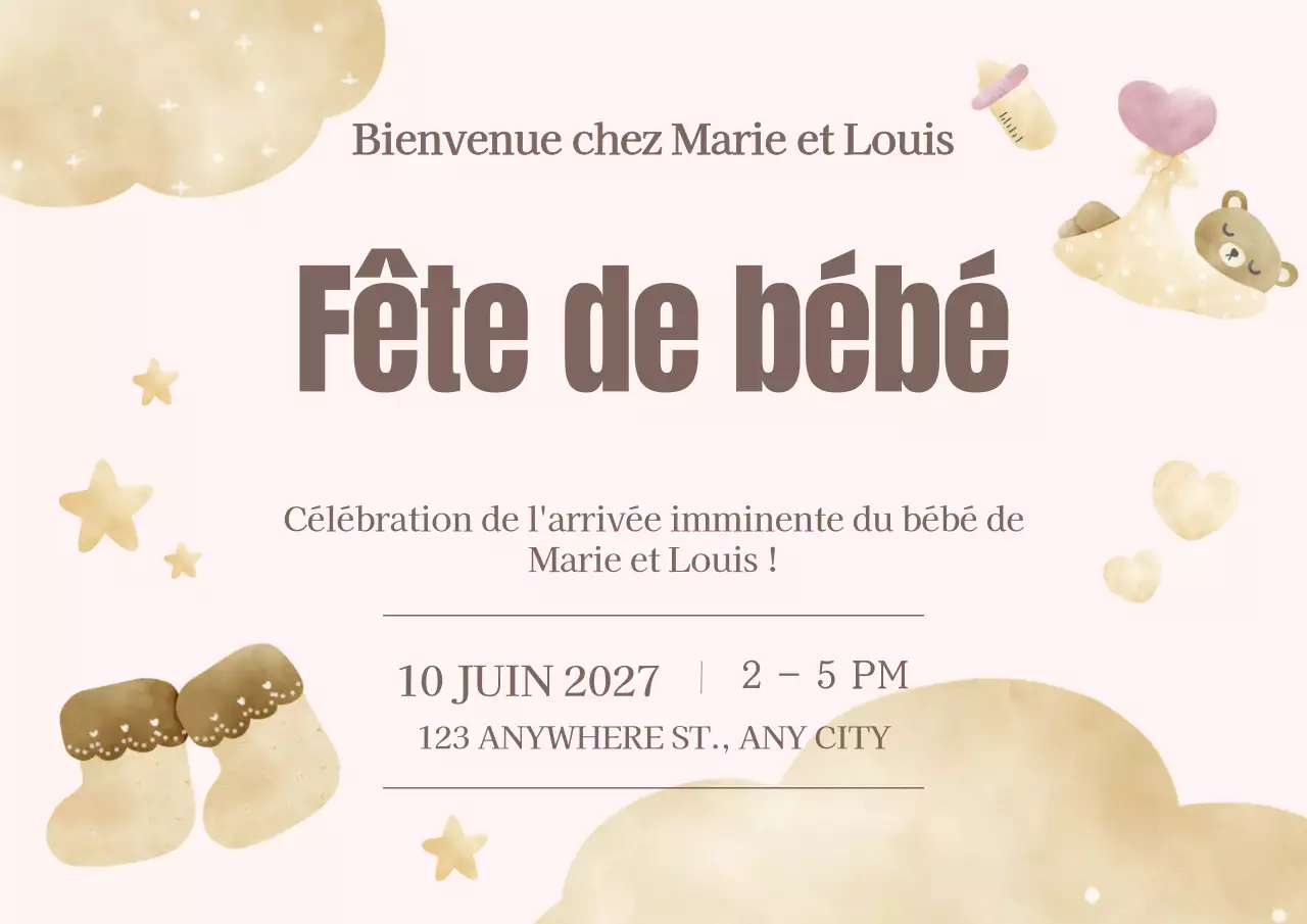 Invitation à la célébration d'une fête de bébé moderne, marron et beige
