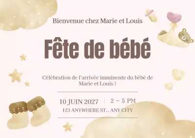 Invitation à la célébration d'une fête de bébé moderne, marron et beige