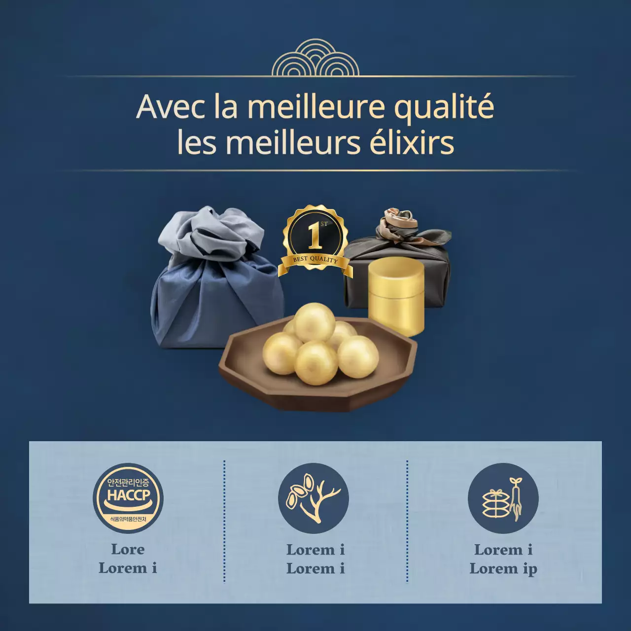 Publicité pour les médicaments traditionnels à base de plantes pour la fête des mères, en bleu marine et or