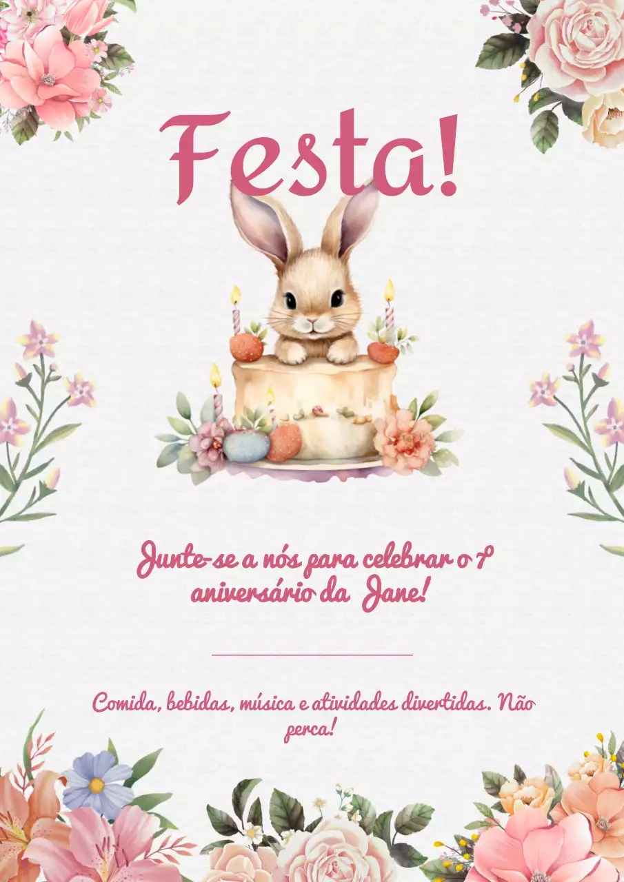Convite de festa de aniversário para crianças moderno, cor-de-rosa e branco