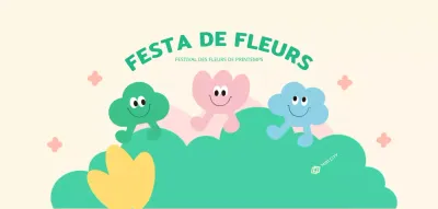 Un festival des fleurs aux couleurs vives avec de jolis personnages, des fleurs, des nuages et de l'herbe.