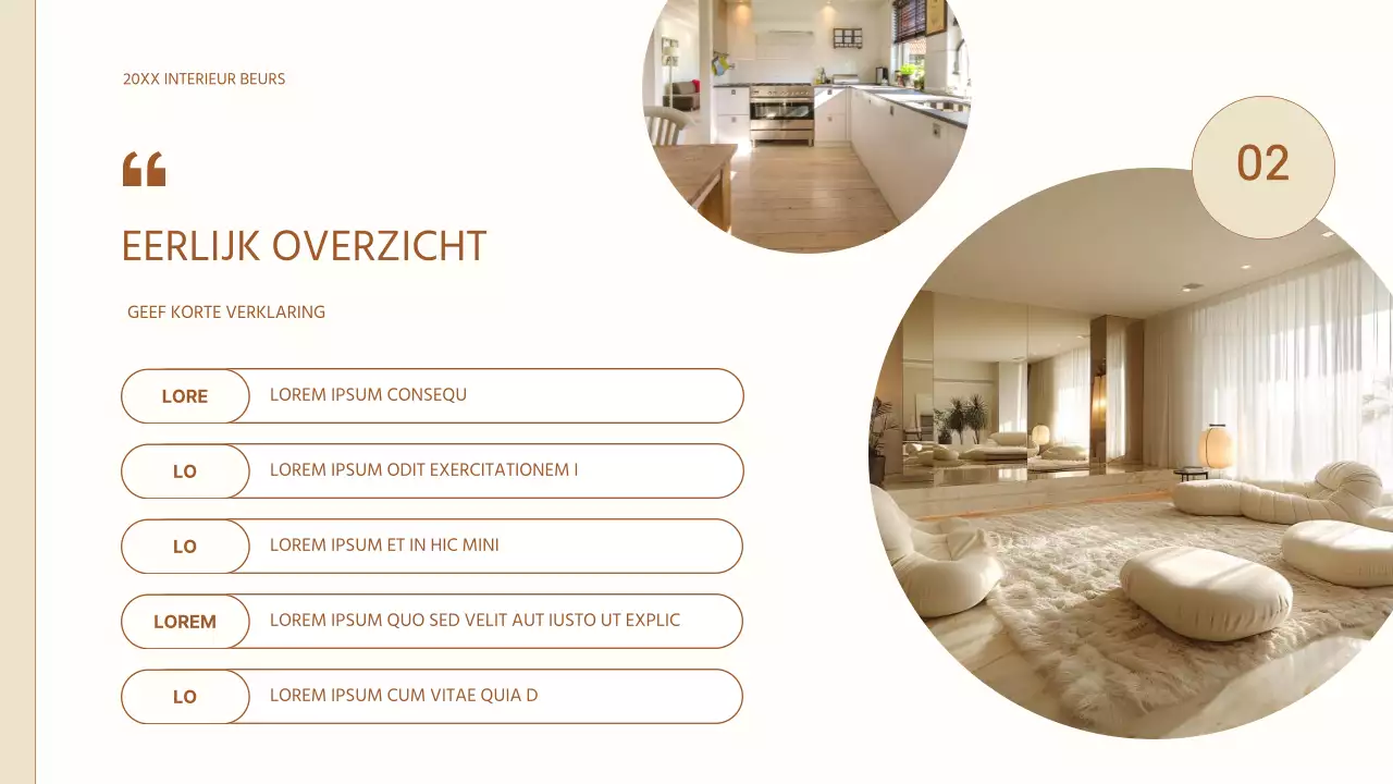 Eenvoudig beursvoorstel voor interieur in beige en bruin