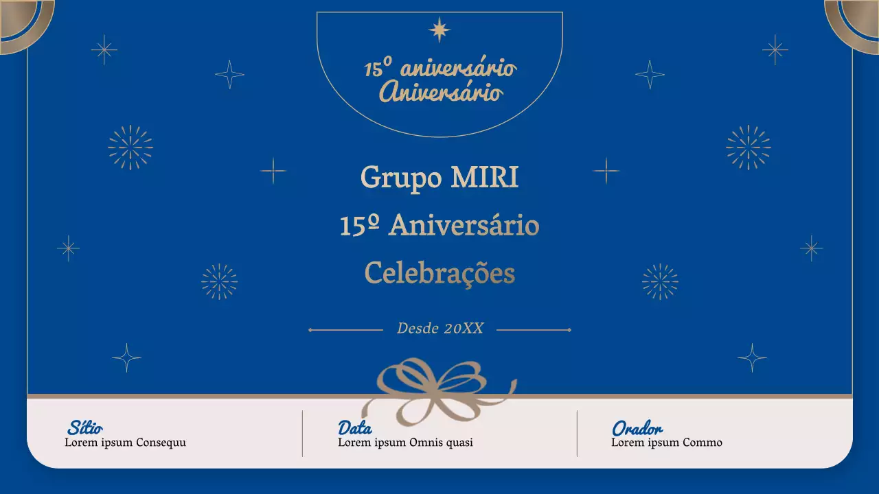 Anúncio de uma luxuosa celebração do aniversário da empresa em azul-marinho e dourado