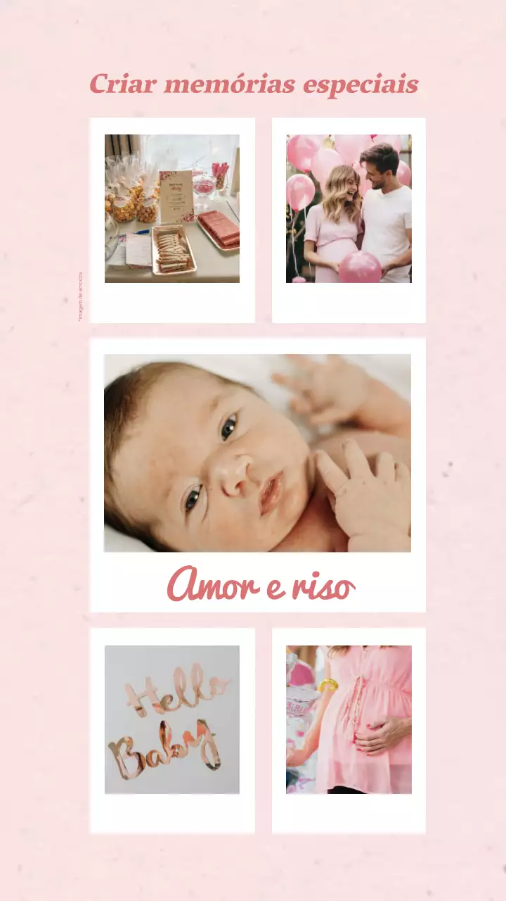 Panfleto de chá de bebé com colagem de fotografias simples e estéticas em rosa e branco