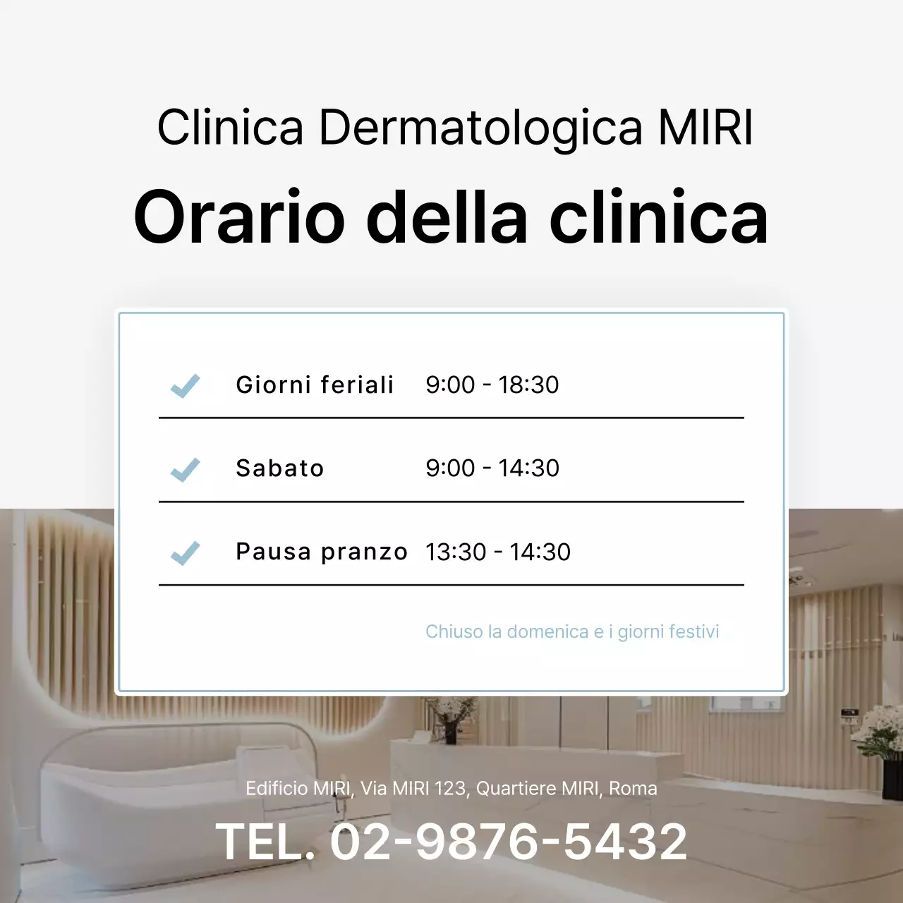 Social media kit di marketing ospedaliero per promuovere un semplice studio dermatologico in bianco e azzurro.