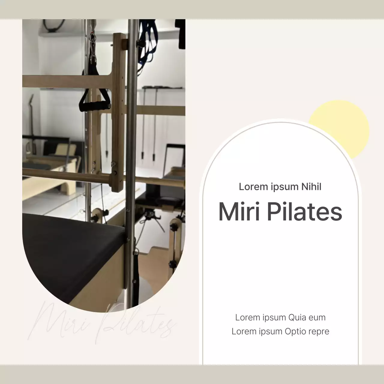 Werbung für die Einführung eines modernen Pilates-Social-Media-Marketing-Centers in Beige und Gelb