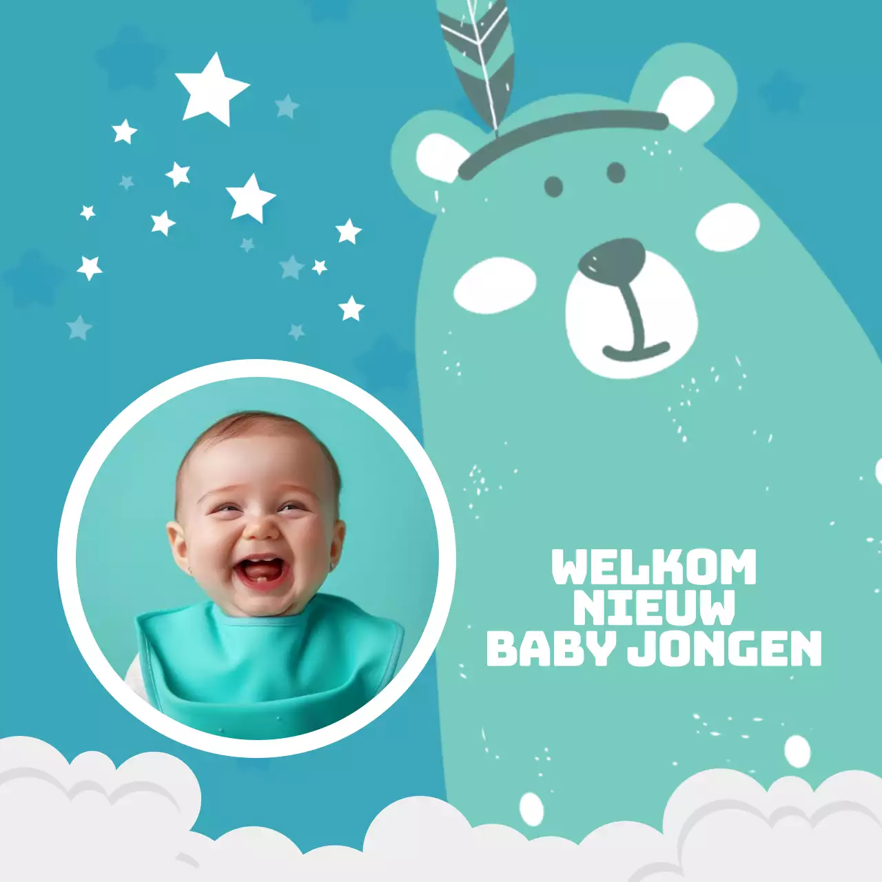 Blauw en Wit Vrolijk Welkom Baby Jongen Aankondiging