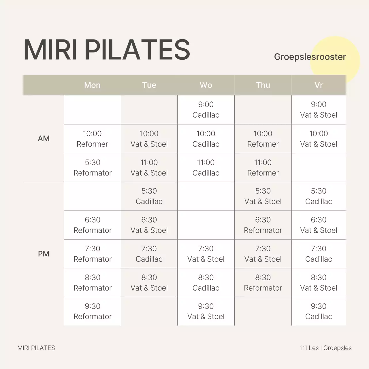 Lesrooster voor moderne Pilates-groepslessen in beige en geel