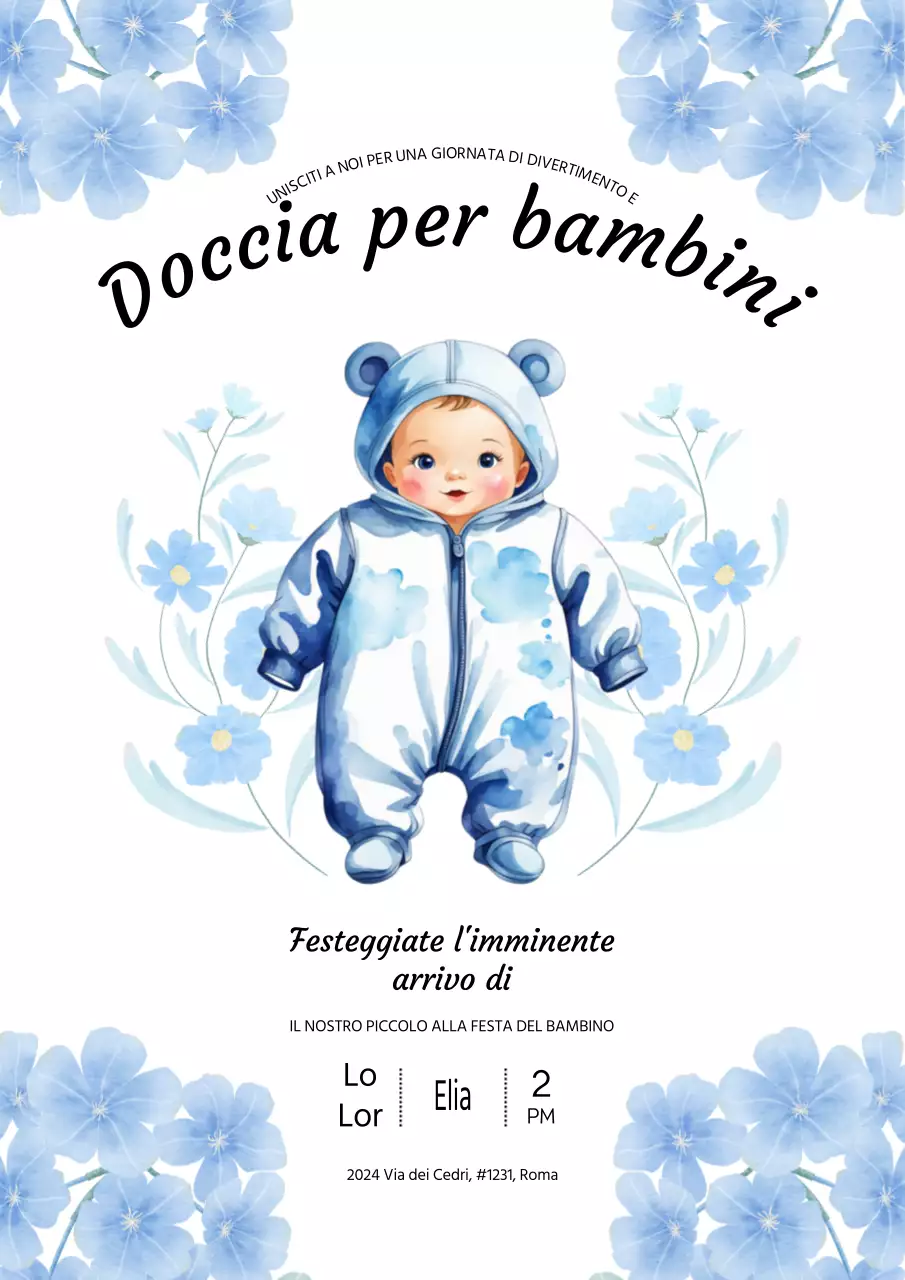 Invito per baby shower con illustrazione stravagante bianca e blu cielo