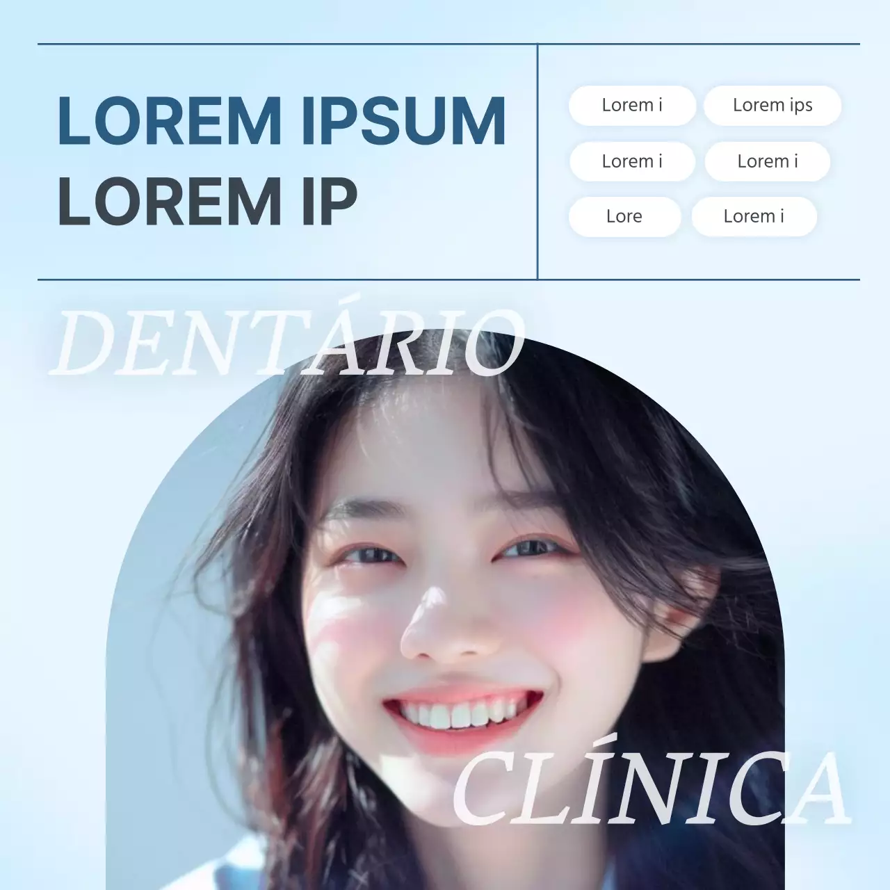 Um kit simples de marketing para as redes sociais de uma clínica dentária, em branco e azul claro, para promover a clínica.