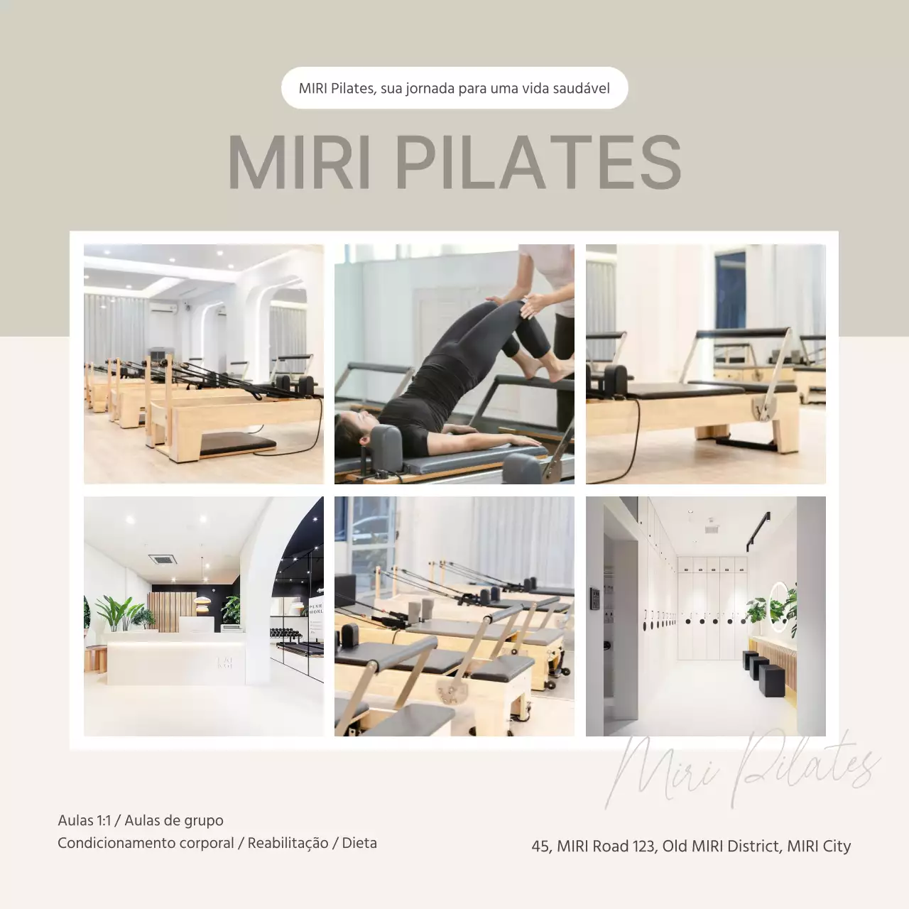 Promover a introdução de um moderno centro de marketing de Pilates nas redes sociais em bege e amarelo