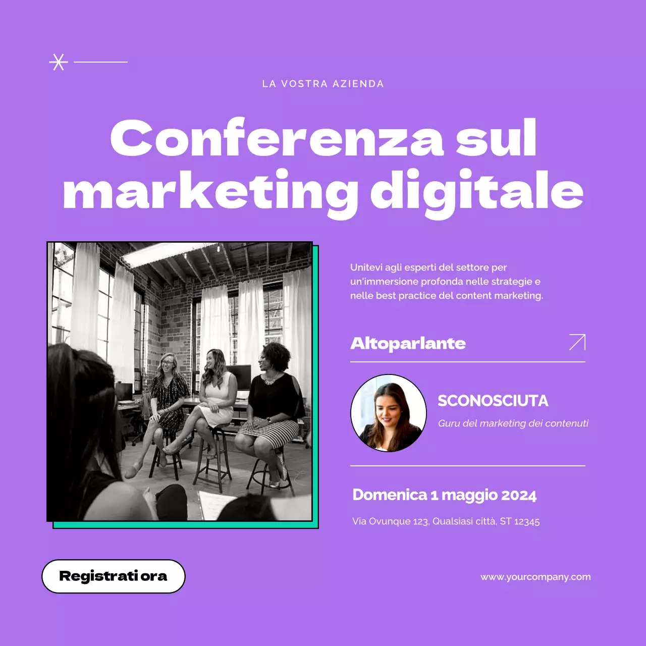Pubblicità moderna di marketing dei contenuti in nero e viola