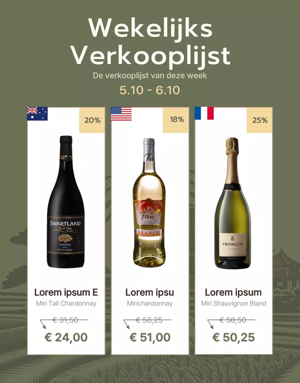 Promoot wijnbeschrijvingen in chartreuse en kaki