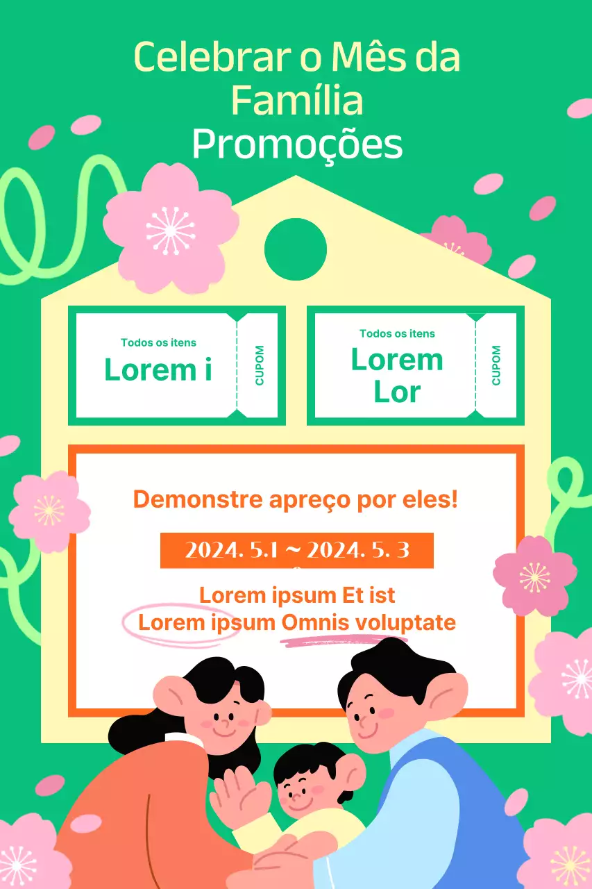 Cartaz do Mês da Família com flores de cerejeira em fundo
