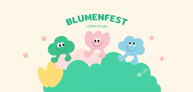 Ein farbenfrohes Blumenfest mit niedlichen Figuren und Blumen, Wolken und Gras