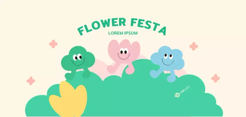 A brightly colored floral festival with cute characters and flowers, clouds, and grasses