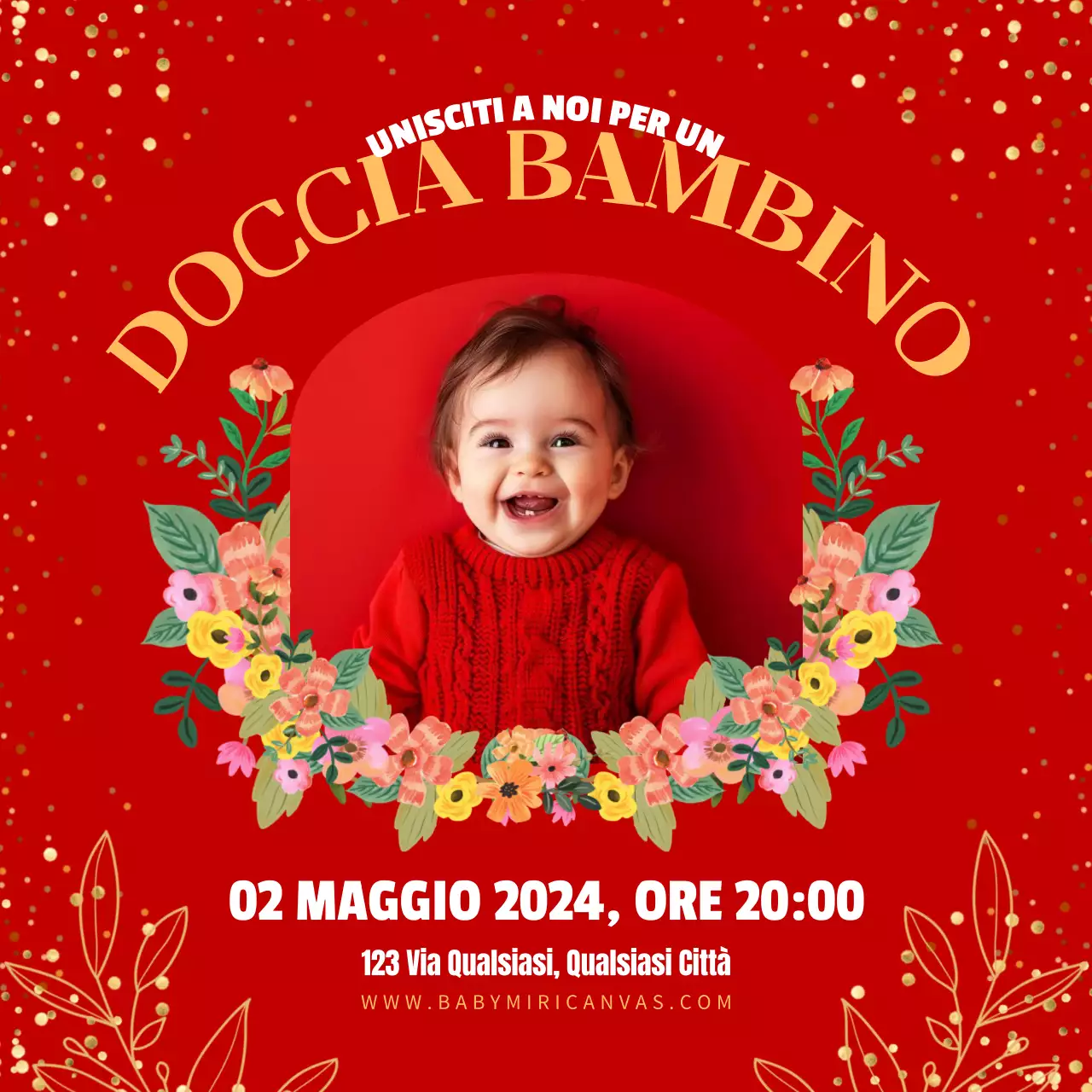 Invito per baby shower caldo rosso e giallo