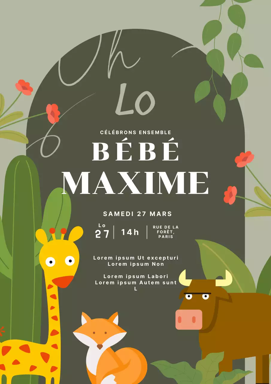 Invitation à la fête de bébé en forme d'olive et de jungle rustique