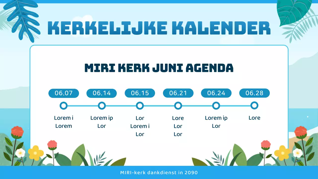 Kerkdienstgids met tropische uitstraling in blauw en lichtblauw