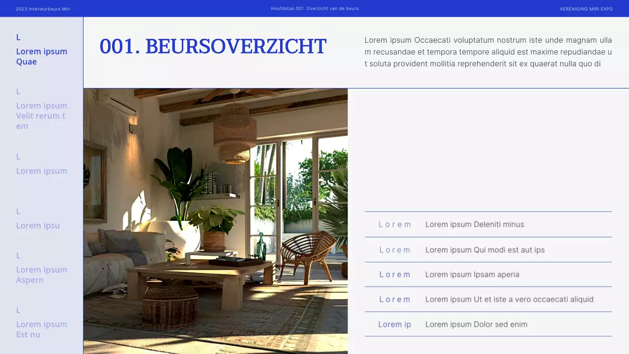 Modern interieur beursvoorstel in blauw en zwart