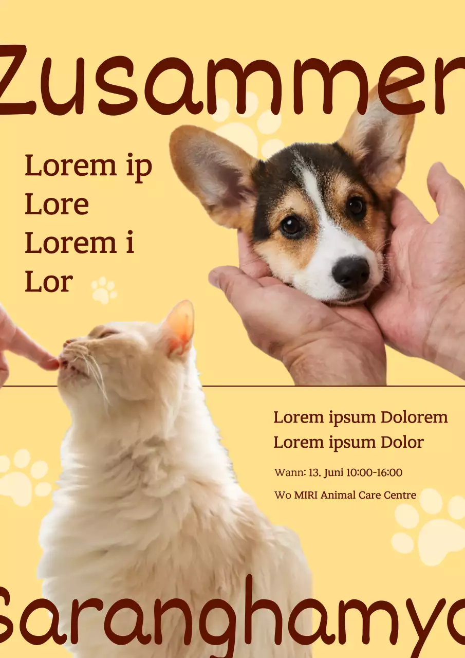 Niedliches gelbes Plakat zur Anwerbung von Freiwilligen für Streunertiere